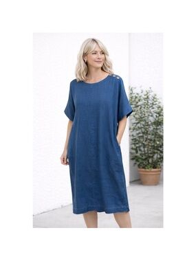 Pure Jill Indigo Tencel Lyocell Button Shoulder Short Sleeve Shift Dress